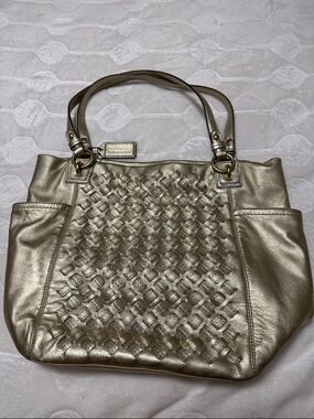 Coach Metallic Gold Woven Leather Tote Bag